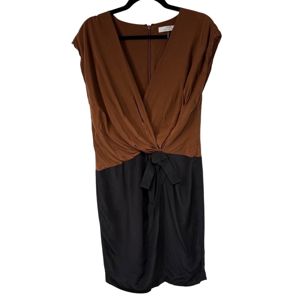 Robert Rodriguez Silk Dress Color Block Brown Black Tie Waist Sleeveless